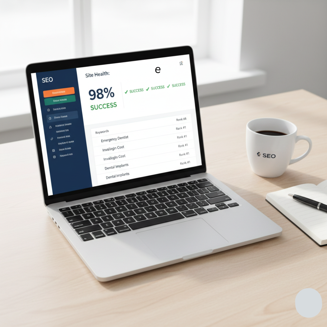 Professional reviewing dental SEO audit results on a laptop